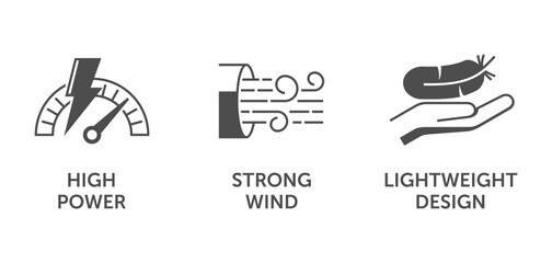 Hair Dryer icons - Strong wind, Lightweight design, High power, in monochrome style