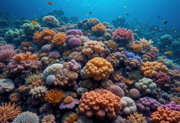 Naklejka premium Top view of a coral reef with lots of colorful corals and small fish. The vibrant coral colors and deep blue background create a spectacular underwater landscape.