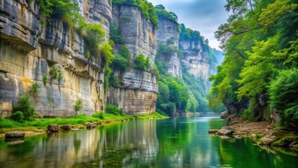 Fototapeta premium Serene River Reflecting Majestic Cliffs and Lush Foliage in a Picturesque Canyon