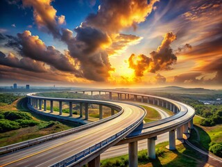Fototapeta premium Elevated Curved Toll Road, Bright Clouds, Dramatic Sky, High-Resolution Stock Photo