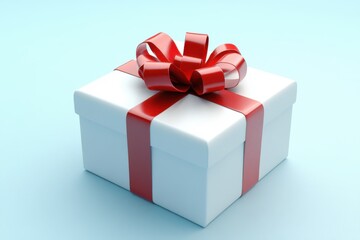 Obraz premium A pristine white gift box adorned with a vibrant red ribbon and bow resting on a soft blue surface