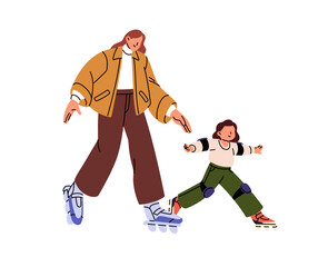 Mother teaches kid to ride a roller skate. Parent and child have fun in park. Happy family does sport, walks, spends time together outdoors. Flat isolated vector illustration on white background