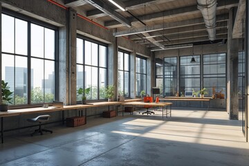 Obraz premium Illuminated Industrial Concrete Workspace with Large Windows 3D Visualization