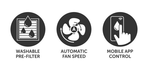 Icons set - Automatic fan speed, Washable pre-filter, App control, in monochrome style and circle shapes