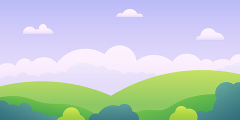 Fototapeta premium Cartoon summer meadow landscape. Vector flat scenery with cloud sky, meadow, flowers and bushes. Beautiful nature scene
