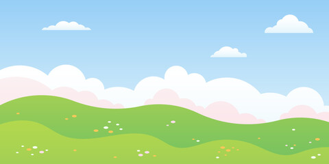 Obraz premium Cartoon summer landscape. Vector flat scenery with cloud sky, green hills and flowers. Beautiful nature scene