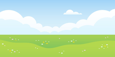 Obraz premium Cartoon summer landscape. Vector flat scenery with cloud sky, green hills and flowers. Beautiful nature scene