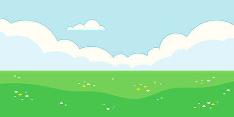 Fototapeta premium Cute summer landscape. Green flat scenery with cloud sky, meadow and flowers. Empty nature scene with greenery