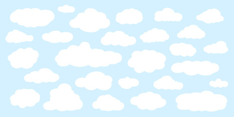 Fototapeta premium Cute doodle cloud set. White freeform clouds on blue sky background. Fluffy and puffy cloudy shapes