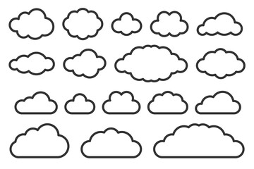 Trendy geometric cloud icon collection. Outline fluffy and puffy clouds. Simple cloudy shapes set