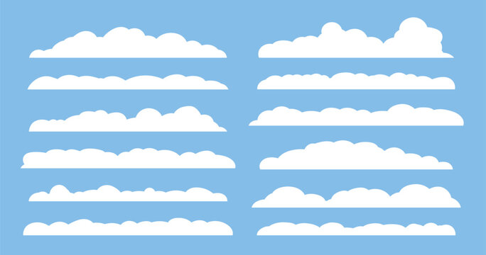 Cute doodle cloud set. Isolated border sky collection. Fluffy and puffy cloudy shapes