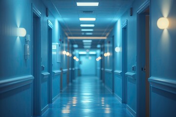 Tranquil Blue Hallway in Health Clinic with Soothing Ambiance and Soft Lighting