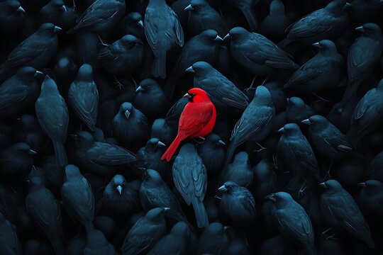 A group of navy sparrows in motion, highlighting one striking red flyer.