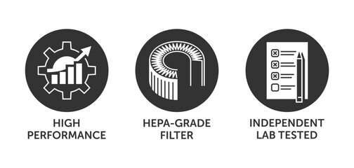 Independent Lab Tested, HEPA-grade filter, High Performance. icons in monochrome style and circle shapes