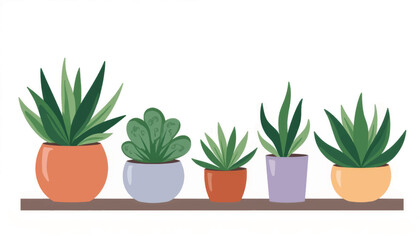 Fototapeta premium Stylized succulents in colorful pots on a white background, tranquility