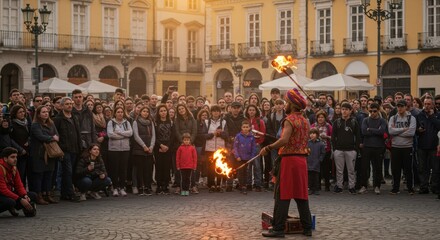 Fire Dancer Performing in Historic European Town Square