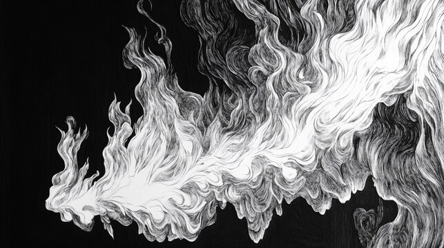 Fire in hand engraving vector illustration. Scratch board style imitation. Black and white hand drawn image.