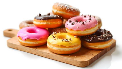 Variety of Glazed Donuts on Light Brown Wooden Cutting Board with Different Toppings
