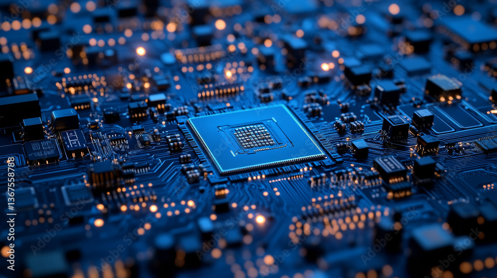 Poster abstract ai circuit board background. technology connected blue lines with electronics elements on t