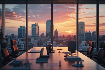 Blurry Office Setting at Sunset with City Skyline for Business Presentation
