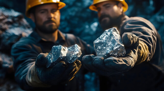 Miners are depicted holding platinum or silver or rare earth minerals found in a mine for inspection, emphasizing the discovery and evaluation process in mining