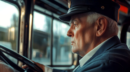  A bus driver worker wearing his uniform. Driving a bus. Side view. AI generated images.