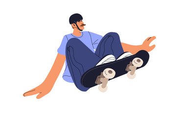 Happy skater jumps with board in air. Rider goes extreme street sport, does stunts, tricks. Man in safety helmet skates on skateboard, longboard. Flat isolated vector illustration on white background © Paper Trident