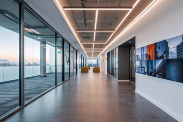 Obraz premium Contemporary Open Concept Office Corridor Showcasing Visual Wall Artwork