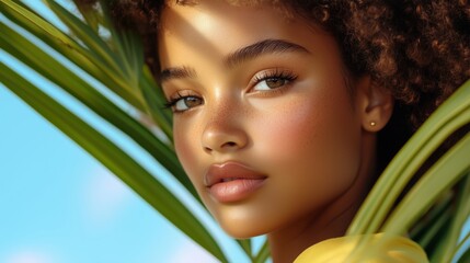Naklejka premium Beautiful young Black woman with glowing skin outdoors, beauty and summer vibe