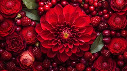 The luxurious floral tapestry features a majestic red dahlia