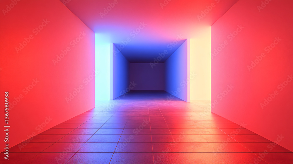 Poster long hallway featuring red walls illuminated by blue light with soft gradient transitions creating a