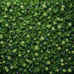 Obraz premium The background is a dense cover of elongated green leaves, among which small white and yellow flowers resembling daisies are evenly scattered. The stage radiates spring warmth and freshness.