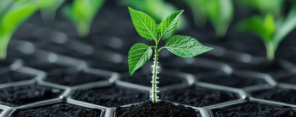 hydrogen storage economy concept. A small plant emerging from dark soil with hexagonal patterns in the background.