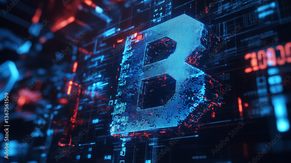 Poster isometric abstract big data visualization. futuristic b letter design. visual information complexity