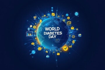 World diabetes day globe surrounded by health icons on a dark blue background with a bright glow effect