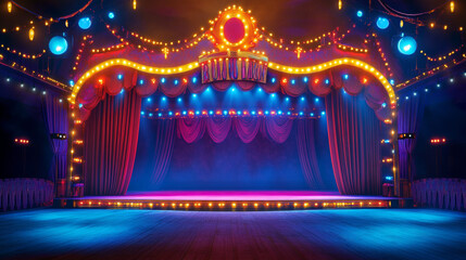 Cartoon circus stage night arena with curtain. Theater podium for dance competition television show backdrop. Dark music performance platform with garland and neon light. Drapery on concert fabric