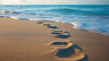 Close-up footprints in wet sand leading toward the shoreline with gentle ocean waves in the background, symbolizing journey, memories, solitude and reflection. Concept of travel, mindfulness, summer.