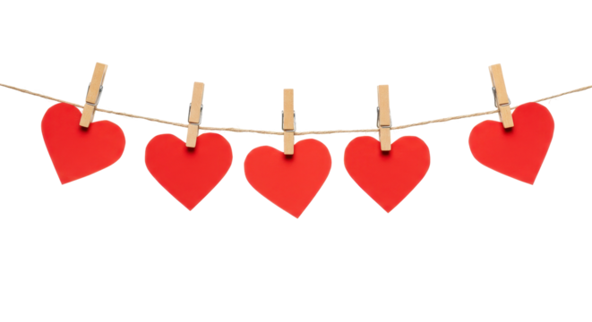 Isolated Hearts Hanging on a String with Wooden Clips
