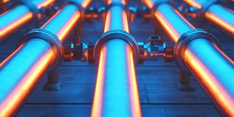 hydrogen storage economy concept. Pipes with vibrant colors in an industrial setting.