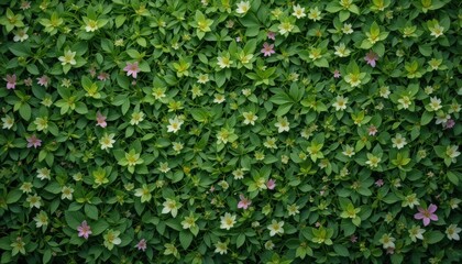 The background is a dense cover of elongated green leaves, among which small white and yellow flowers resembling daisies are evenly scattered. The stage radiates spring warmth and freshness.