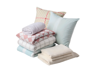 Pillows and towels on a white background PNG cutout, mockup template for graphic design, perfect for showcasing your artwork or branding ideas in a clean, minimalistic style