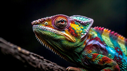 Fototapeta premium A vibrant chameleon stands in front of a rainbow light, showcasing its colorful skin against a bright, multicolored backdrop