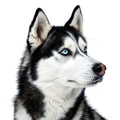 Obraz premium A side view of a husky dog with blue eyes, its fur thick and well-groomed, appearing attentive and curious
