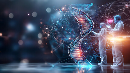 Innovative genetic research design laboratory digital artwork scientific environment close-up view biotechnology concept