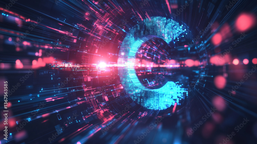 Poster isometric abstract big data visualization. futuristic c letter design. visual information complexity