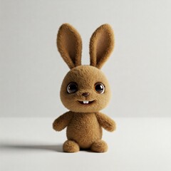 Furry brown cartoon rabbit with large ears, wide open eyes, small hands, and sitting posture. 