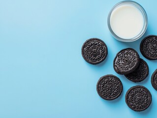 Eating Cookies with Milk - Sweet Treat Flat Lay on Blue Surface