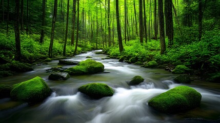 Fototapeta premium Serene Mossy Creek in Lush Green Forest