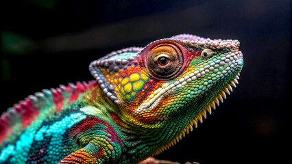 Fototapeta premium A vibrant chameleon stands in front of a rainbow light, showcasing its colorful skin against a bright, multicolored backdrop