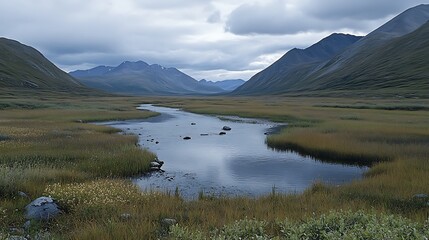Calm River Flowing Through Valley Under Cloudy Sky Mountain Scenery